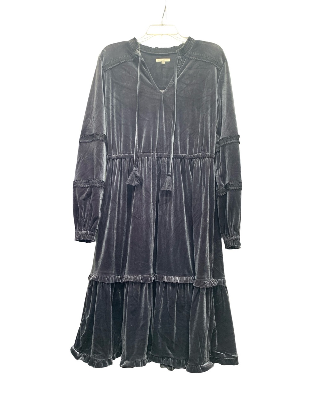 Tiered Velvet Long-Sleeve Dress in Gray